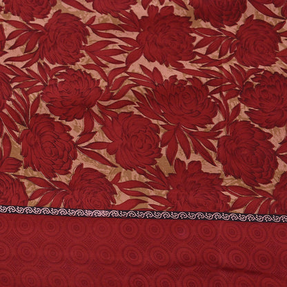 Indian Vintage Sari Red & Brown Pure Crepe Silk Printed Saree 5yard Sewing Quilting Floral Soft Craft Fabric Wrap