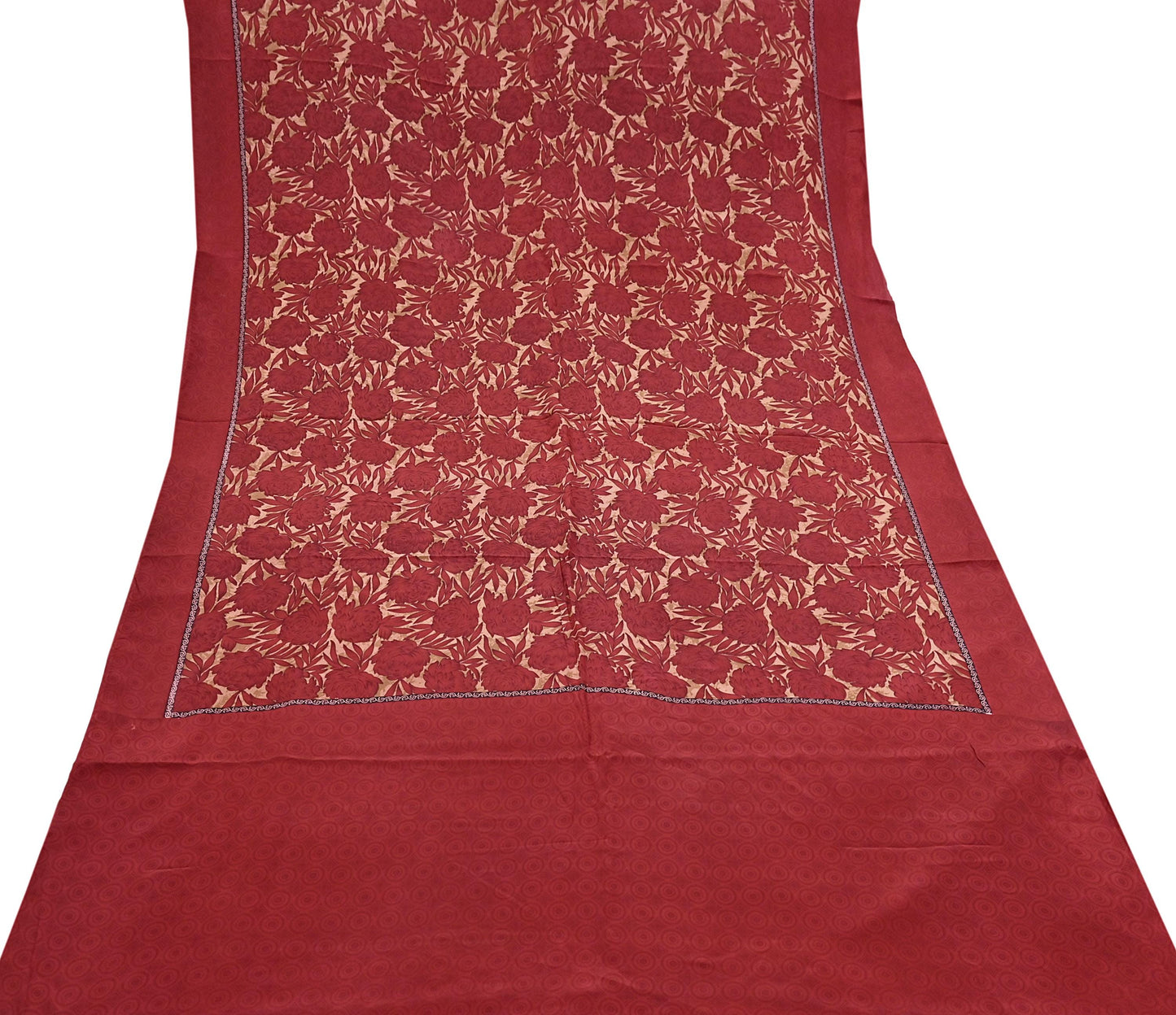 Indian Vintage Sari Red & Brown Pure Crepe Silk Printed Saree 5yard Sewing Quilting Floral Soft Craft Fabric Wrap