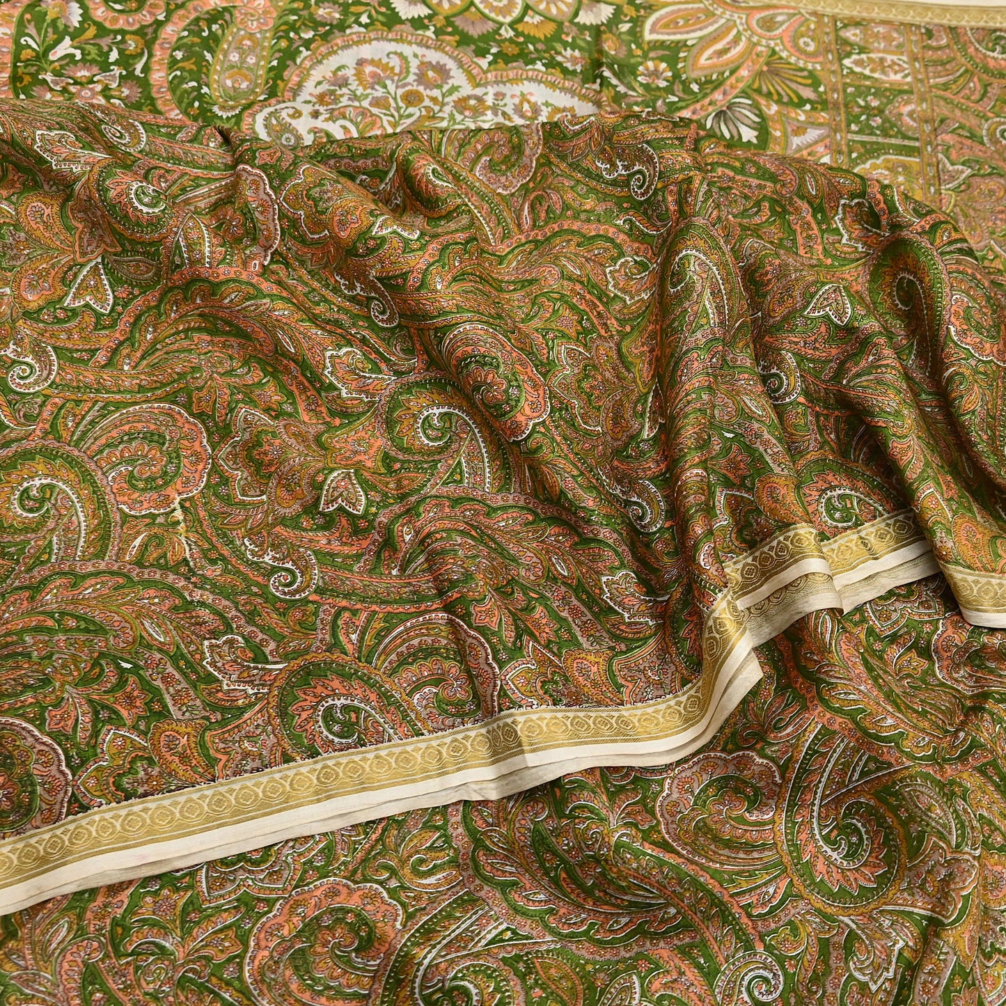 Indian Vintage Sari Green 100% Pure Silk Printed Saree Craft Fabric 6yd Sewing Dress Making Soft Wrap Quilting Crafting Upcycle