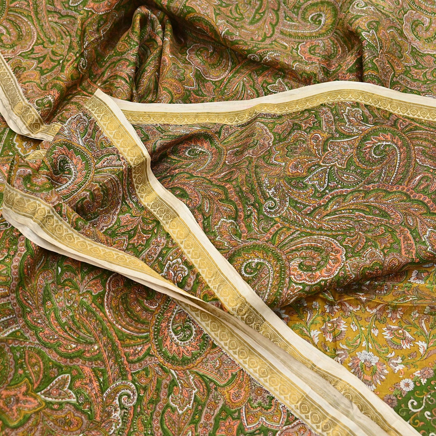 Indian Vintage Sari Green 100% Pure Silk Printed Saree Craft Fabric 6yd Sewing Dress Making Soft Wrap Quilting Crafting Upcycle
