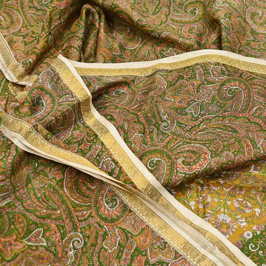 Indian Vintage Sari Green 100% Pure Silk Printed Saree Craft Fabric 6yd Sewing Dress Making Soft Wrap Quilting Crafting Upcycle