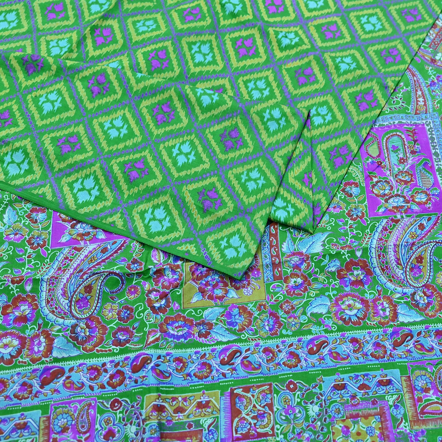 Indian Vintage Sari Green 100% Pure Silk Printed Sarees 5yd Craft Fabric Sewing Soft Dress Making Floral Quilting Crafting Upcycle