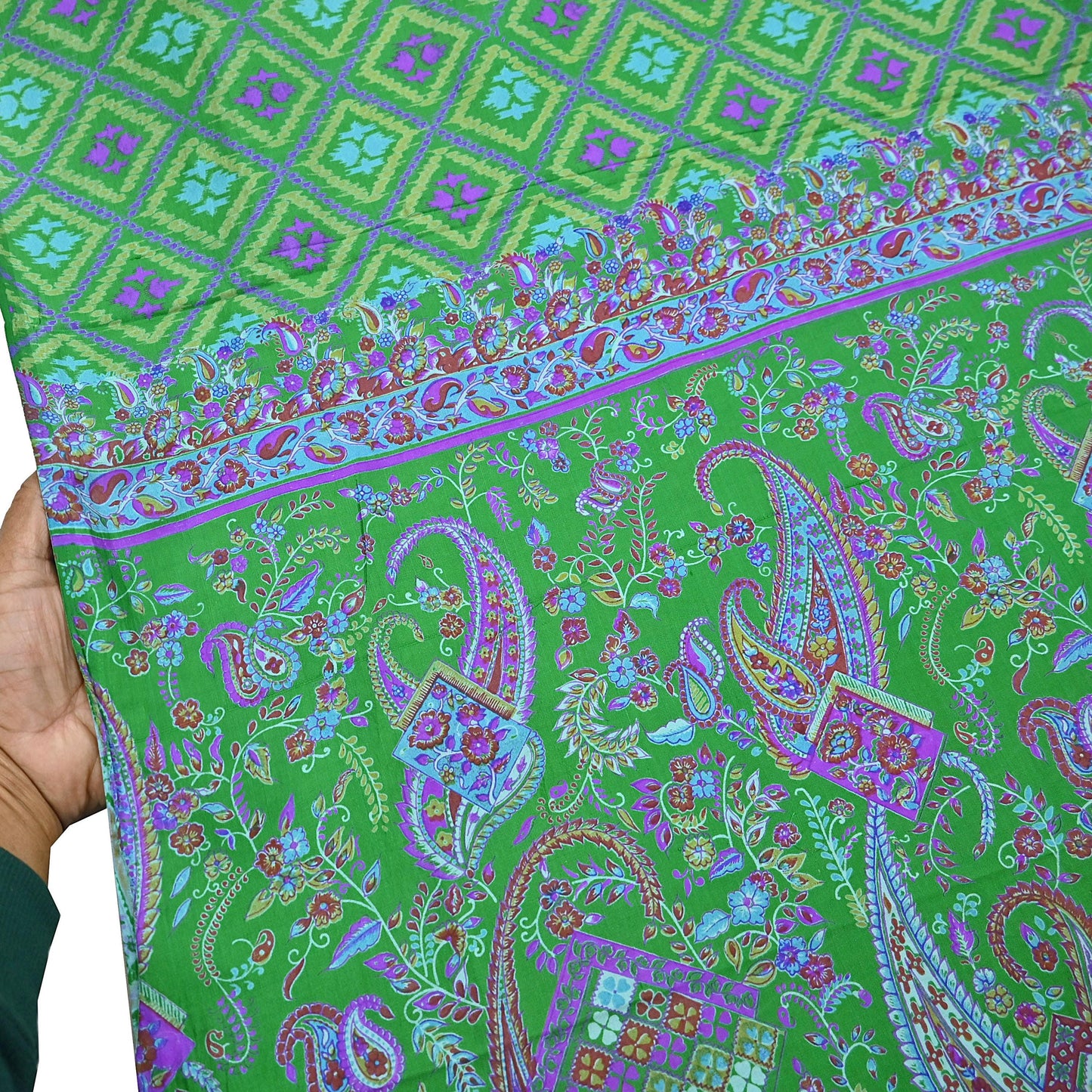 Indian Vintage Sari Green 100% Pure Silk Printed Sarees 5yd Craft Fabric Sewing Soft Dress Making Floral Quilting Crafting Upcycle