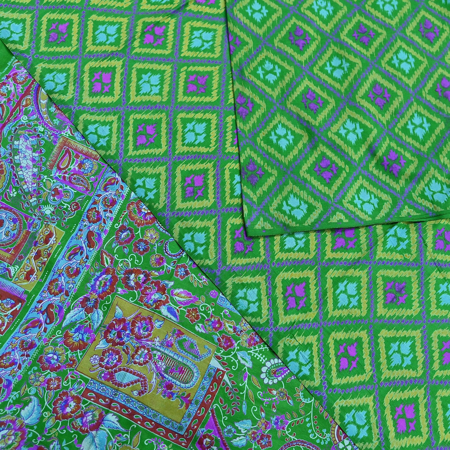 Indian Vintage Sari Green 100% Pure Silk Printed Sarees 5yd Craft Fabric Sewing Soft Dress Making Floral Quilting Crafting Upcycle