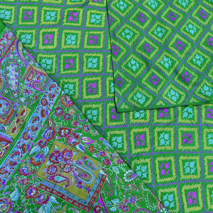 Indian Vintage Sari Green 100% Pure Silk Printed Sarees 5yd Craft Fabric Sewing Soft Dress Making Floral Quilting Crafting Upcycle