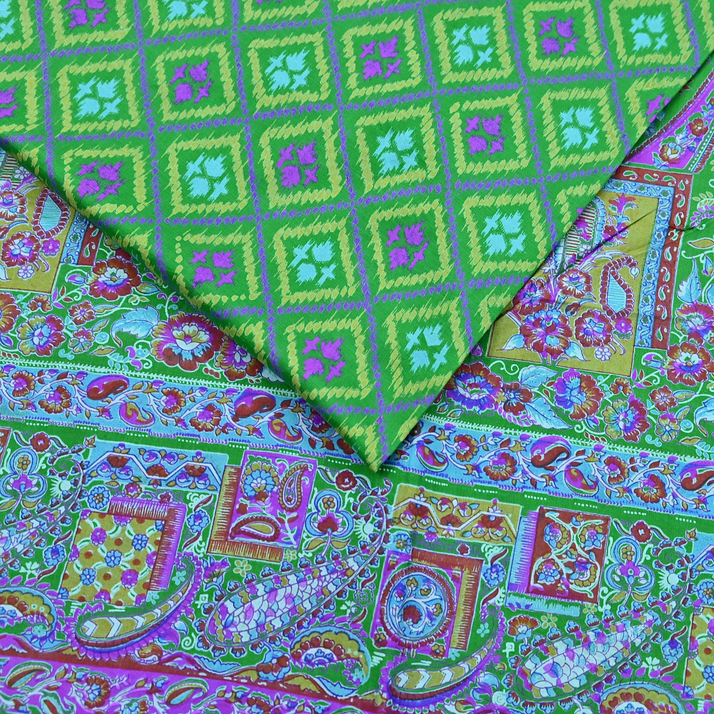 Indian Vintage Sari Green 100% Pure Silk Printed Sarees 5yd Craft Fabric Sewing Soft Dress Making Floral Quilting Crafting Upcycle