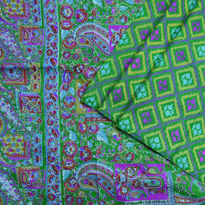 Indian Vintage Sari Green 100% Pure Silk Printed Sarees 5yd Craft Fabric Sewing Soft Dress Making Floral Quilting Crafting Upcycle