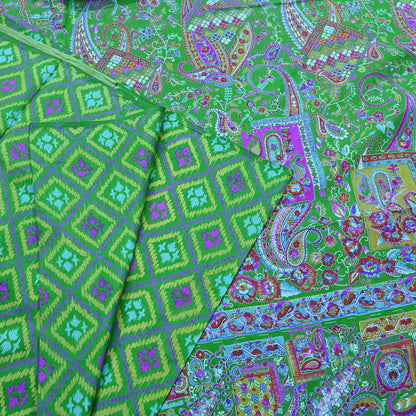 Indian Vintage Sari Green 100% Pure Silk Printed Sarees 5yd Craft Fabric Sewing Soft Dress Making Floral Quilting Crafting Upcycle