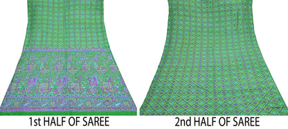 Indian Vintage Sari Green 100% Pure Silk Printed Sarees 5yd Craft Fabric Sewing Soft Dress Making Floral Quilting Crafting Upcycle