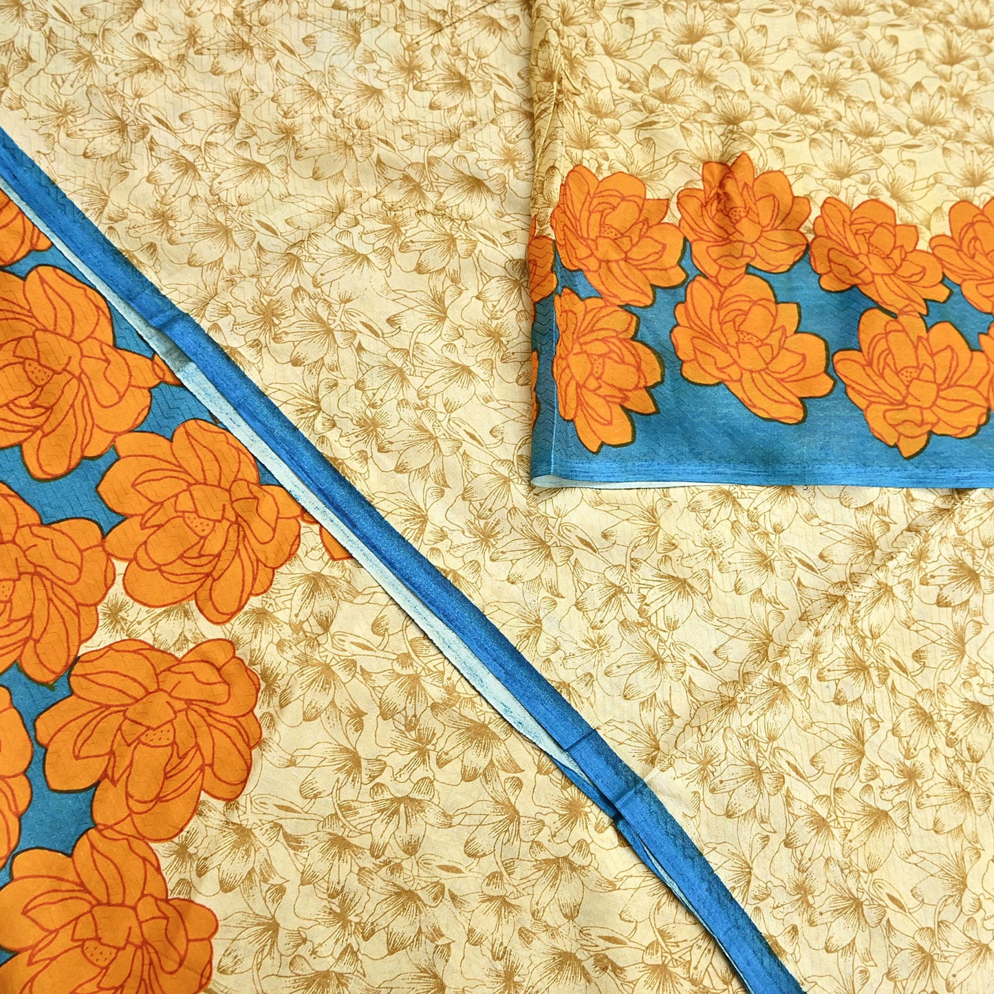 Indian Vintage Sari Beige 100% Pure Silk Printed Sarees 5yd Craft Fabric Sewing Soft Dress Making Floral Quilting Crafting Upcycle