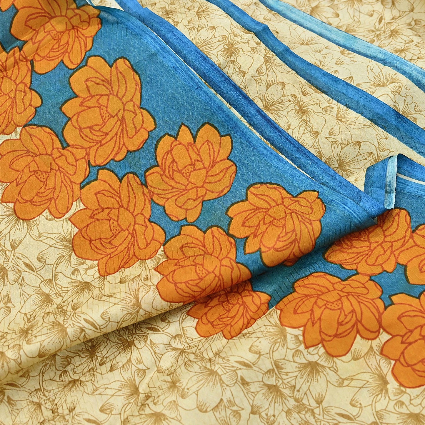 Indian Vintage Sari Beige 100% Pure Silk Printed Sarees 5yd Craft Fabric Sewing Soft Dress Making Floral Quilting Crafting Upcycle