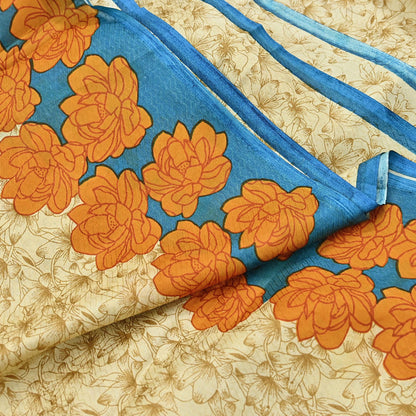 Indian Vintage Sari Beige 100% Pure Silk Printed Sarees 5yd Craft Fabric Sewing Soft Dress Making Floral Quilting Crafting Upcycle