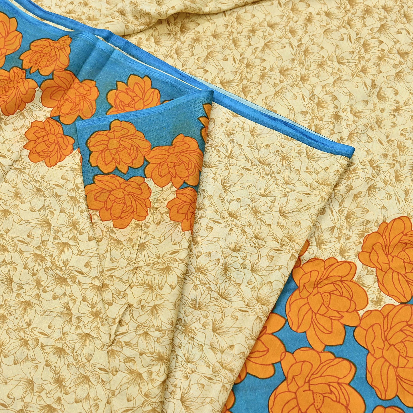 Indian Vintage Sari Beige 100% Pure Silk Printed Sarees 5yd Craft Fabric Sewing Soft Dress Making Floral Quilting Crafting Upcycle