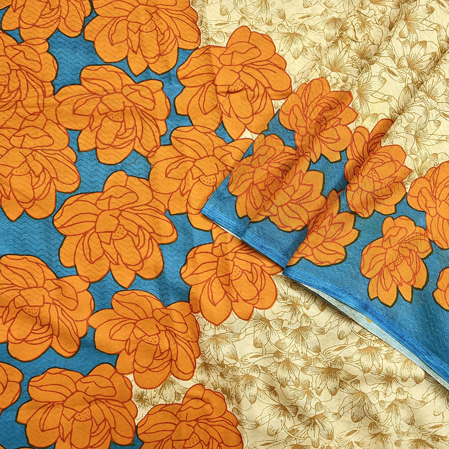 Indian Vintage Sari Beige 100% Pure Silk Printed Sarees 5yd Craft Fabric Sewing Soft Dress Making Floral Quilting Crafting Upcycle