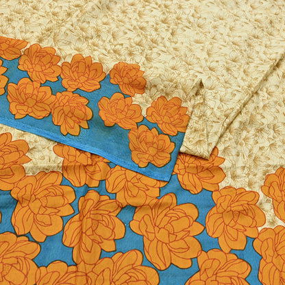 Indian Vintage Sari Beige 100% Pure Silk Printed Sarees 5yd Craft Fabric Sewing Soft Dress Making Floral Quilting Crafting Upcycle