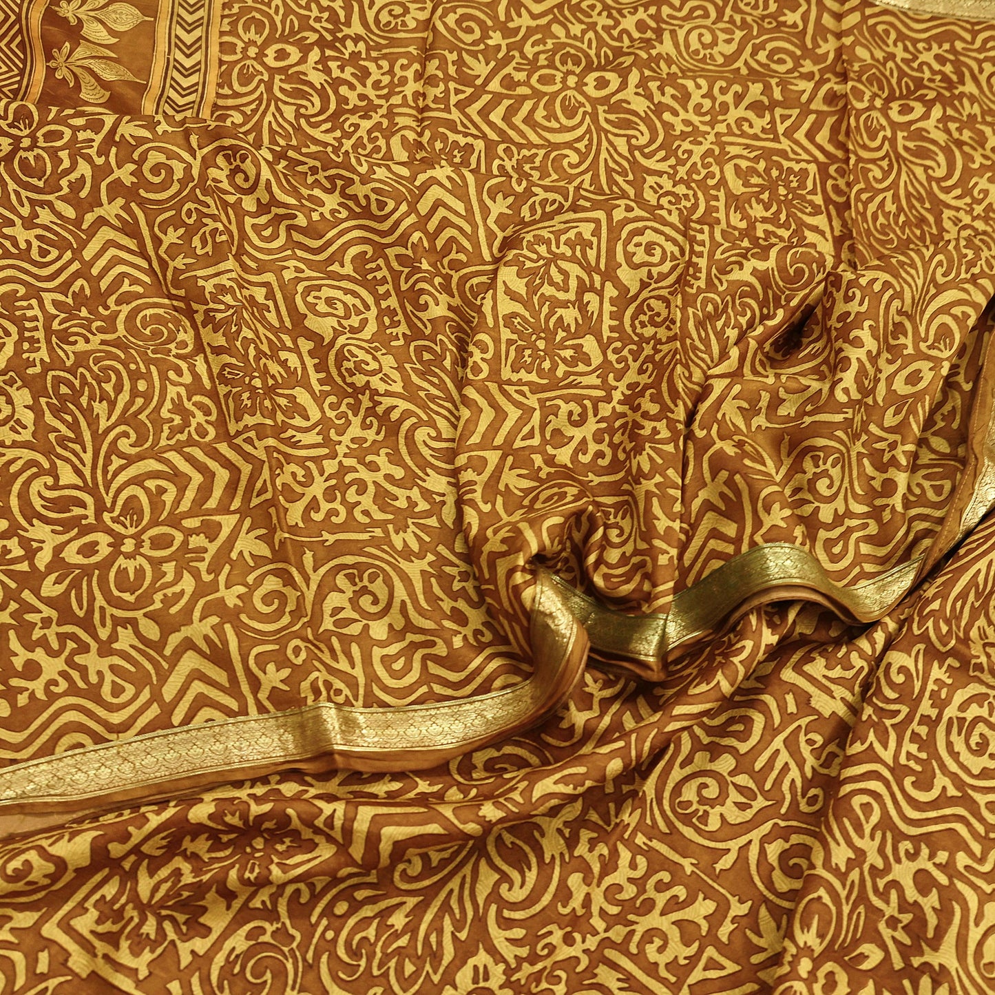 Indian Vintage Sari Brown & Yellow 100% Pure Silk Printed Saree Craft Fabric 5yd Sewing Dress Making Soft Wrap Quilting Crafting Upcycle