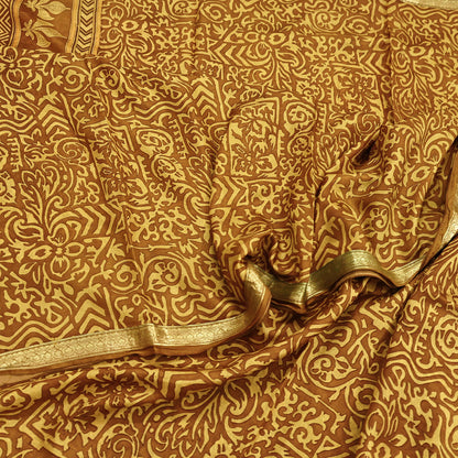 Indian Vintage Sari Brown & Yellow 100% Pure Silk Printed Saree Craft Fabric 5yd Sewing Dress Making Soft Wrap Quilting Crafting Upcycle