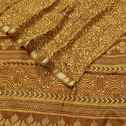 Indian Vintage Sari Brown & Yellow 100% Pure Silk Printed Saree Craft Fabric 5yd Sewing Dress Making Soft Wrap Quilting Crafting Upcycle