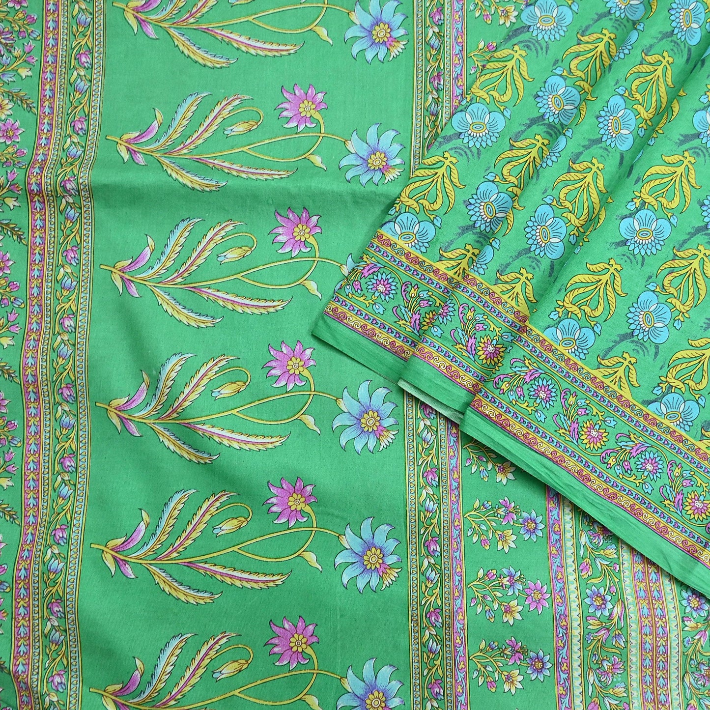 Indian Vintage Sari Green 100% Pure Silk Printed Sarees 5yd Craft Fabric Sewing Soft Dress Making Floral Quilting Crafting Upcycle