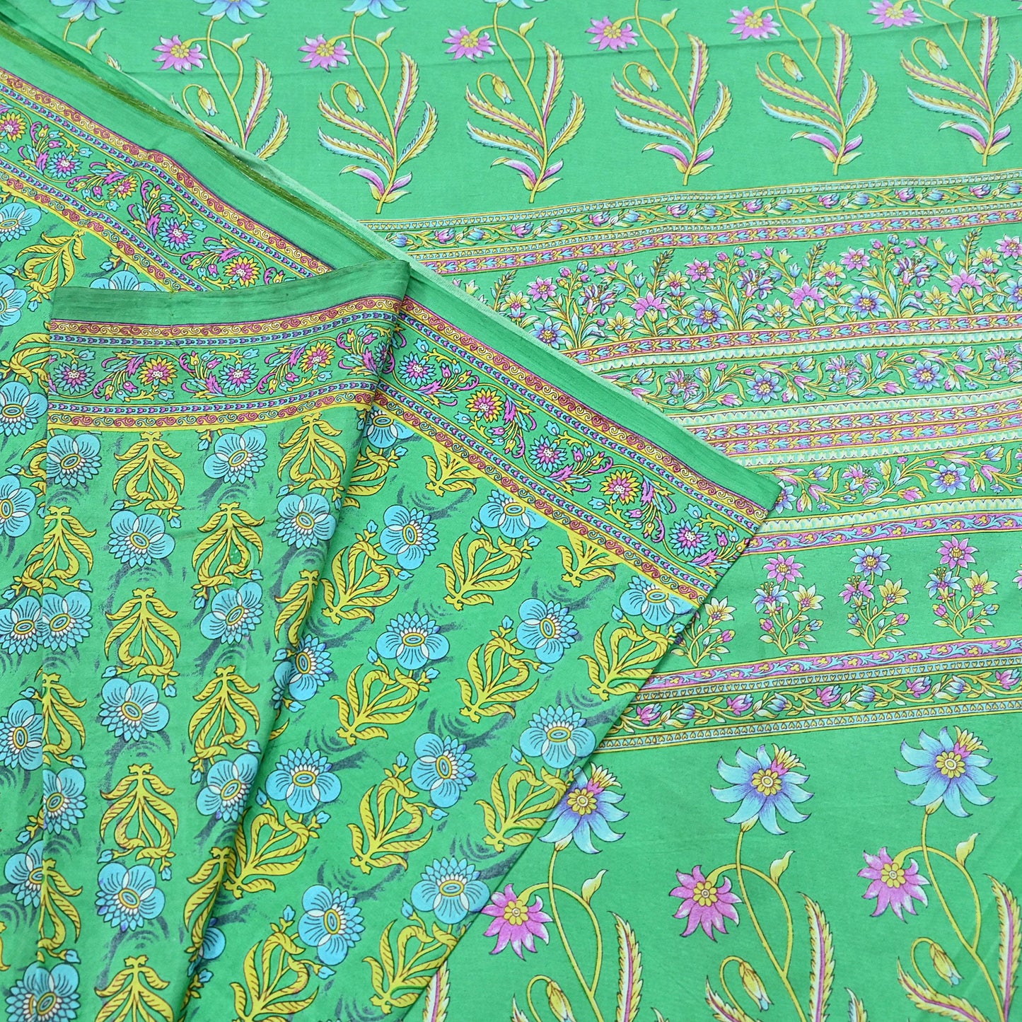 Indian Vintage Sari Green 100% Pure Silk Printed Sarees 5yd Craft Fabric Sewing Soft Dress Making Floral Quilting Crafting Upcycle