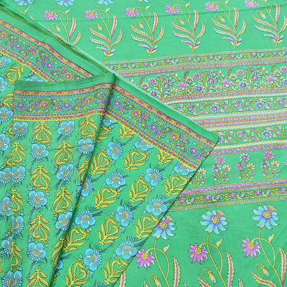 Indian Vintage Sari Green 100% Pure Silk Printed Sarees 5yd Craft Fabric Sewing Soft Dress Making Floral Quilting Crafting Upcycle