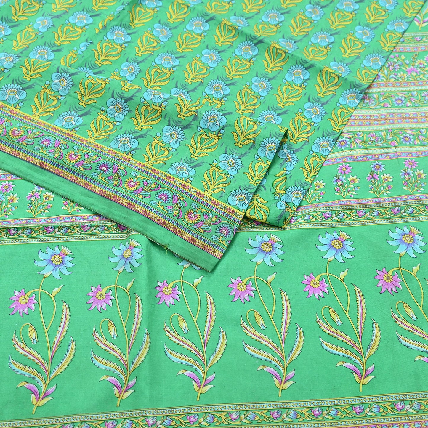 Indian Vintage Sari Green 100% Pure Silk Printed Sarees 5yd Craft Fabric Sewing Soft Dress Making Floral Quilting Crafting Upcycle