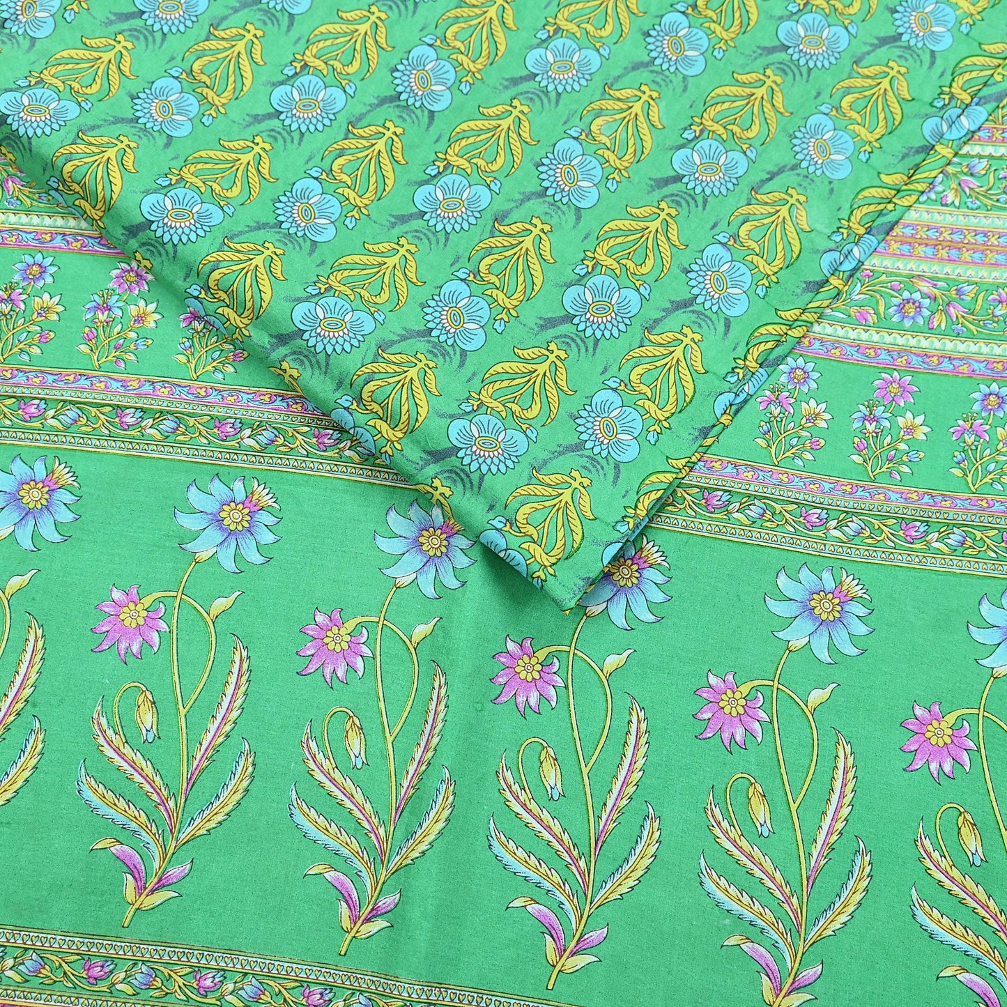 Indian Vintage Sari Green 100% Pure Silk Printed Sarees 5yd Craft Fabric Sewing Soft Dress Making Floral Quilting Crafting Upcycle