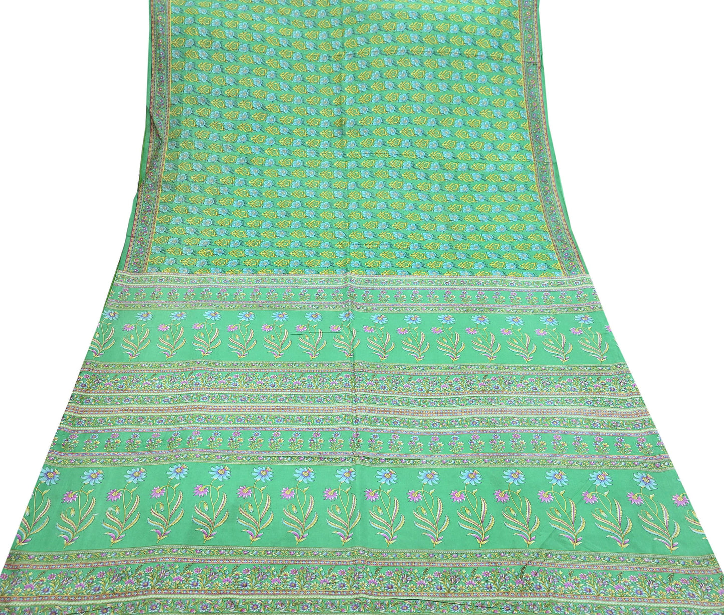 Indian Vintage Sari Green 100% Pure Silk Printed Sarees 5yd Craft Fabric Sewing Soft Dress Making Floral Quilting Crafting Upcycle
