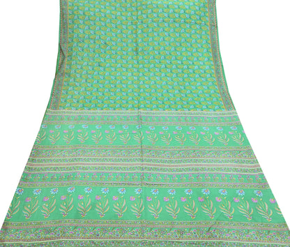 Indian Vintage Sari Green 100% Pure Silk Printed Sarees 5yd Craft Fabric Sewing Soft Dress Making Floral Quilting Crafting Upcycle