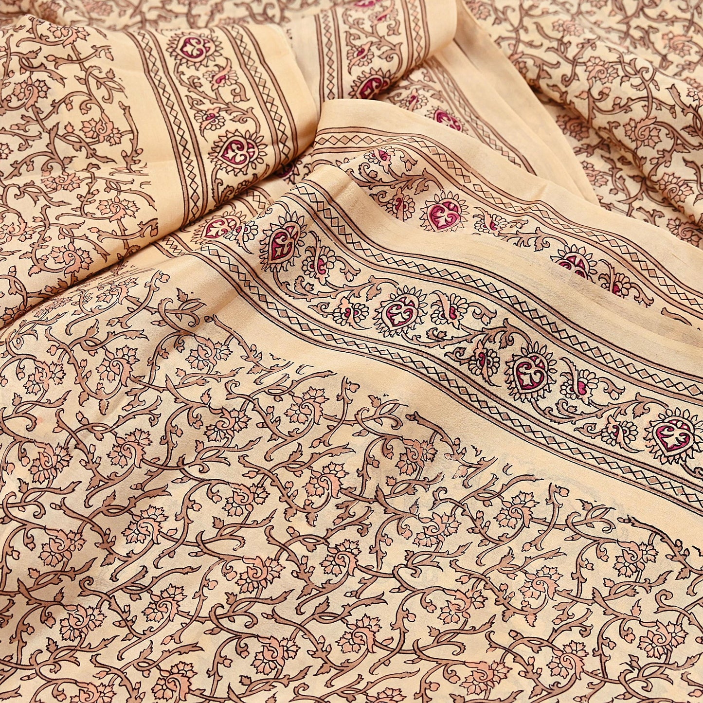 Indian Vintage Sari Beige 100% Pure Silk Printed Sarees 6yd Craft Fabric Sewing Soft Dress Making Floral Quilting Crafting Upcycle
