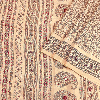 Indian Vintage Sari Beige 100% Pure Silk Printed Sarees 6yd Craft Fabric Sewing Soft Dress Making Floral Quilting Crafting Upcycle