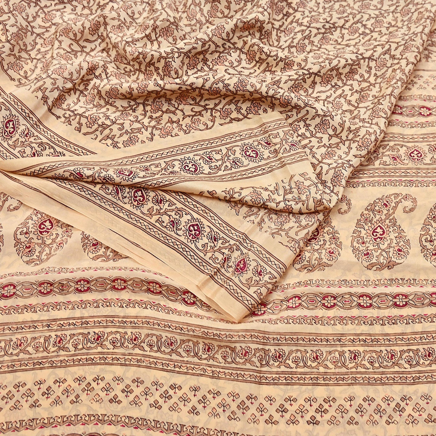 Indian Vintage Sari Beige 100% Pure Silk Printed Sarees 6yd Craft Fabric Sewing Soft Dress Making Floral Quilting Crafting Upcycle