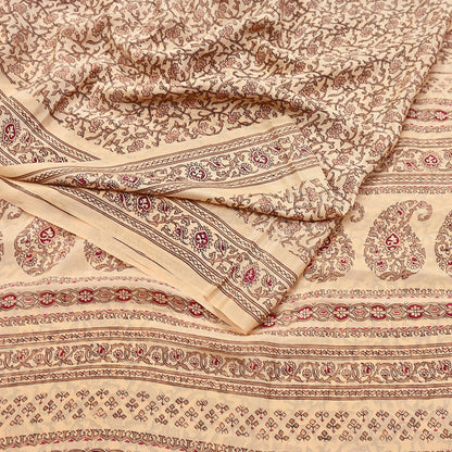 Indian Vintage Sari Beige 100% Pure Silk Printed Sarees 6yd Craft Fabric Sewing Soft Dress Making Floral Quilting Crafting Upcycle