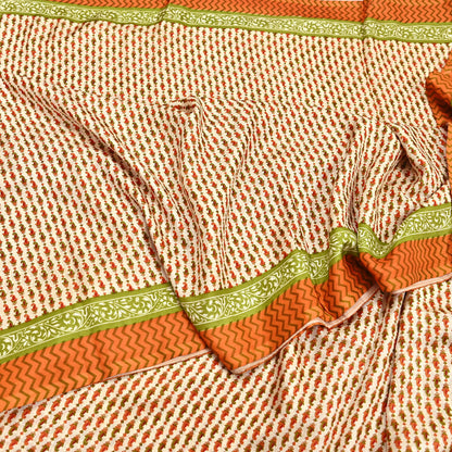 Indian Vintage Sari ivory & Orange 100% Pure Silk Printed Sarees 6yd Craft Fabric Sewing Soft Dress Making zigzag Quilting Crafting Upcycle