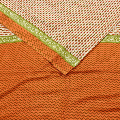 Indian Vintage Sari ivory & Orange 100% Pure Silk Printed Sarees 6yd Craft Fabric Sewing Soft Dress Making zigzag Quilting Crafting Upcycle