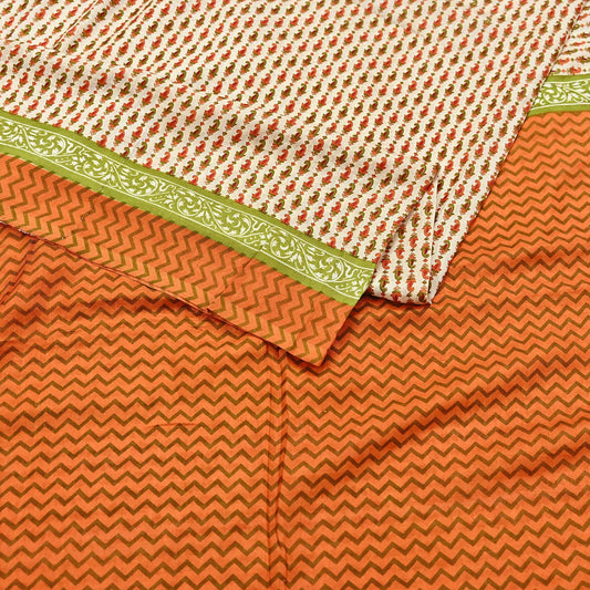 Indian Vintage Sari ivory & Orange 100% Pure Silk Printed Sarees 6yd Craft Fabric Sewing Soft Dress Making zigzag Quilting Crafting Upcycle
