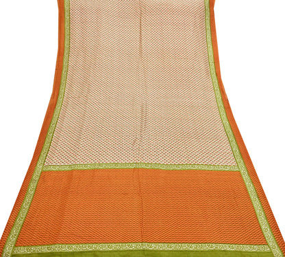 Indian Vintage Sari ivory & Orange 100% Pure Silk Printed Sarees 6yd Craft Fabric Sewing Soft Dress Making zigzag Quilting Crafting Upcycle