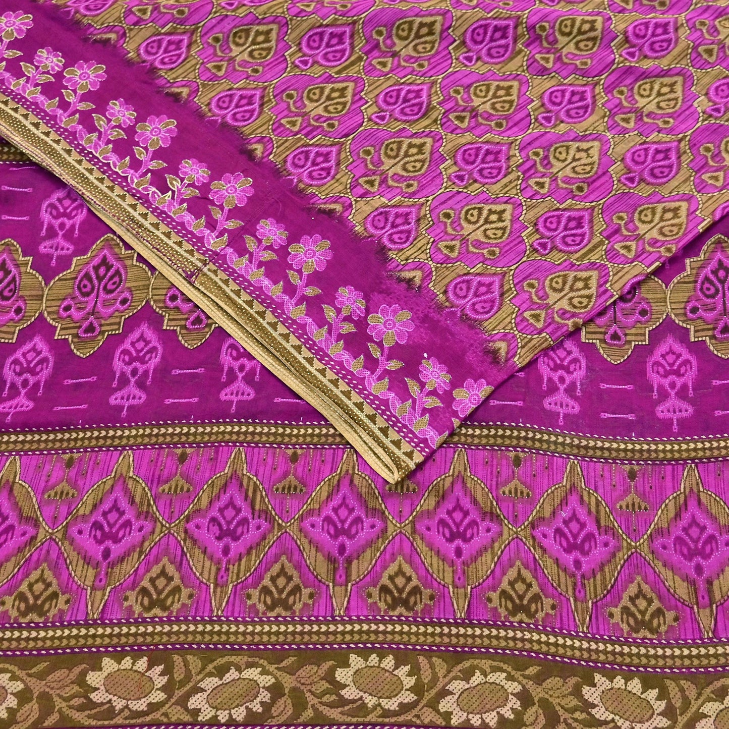 Indian Vintage Sari Green & Purple Pure Cotton Printed Sarees Craft Fabric Soft 5Yd Sarong Wrap Boho Fabric Kimono Quilting Crafting Upcycle