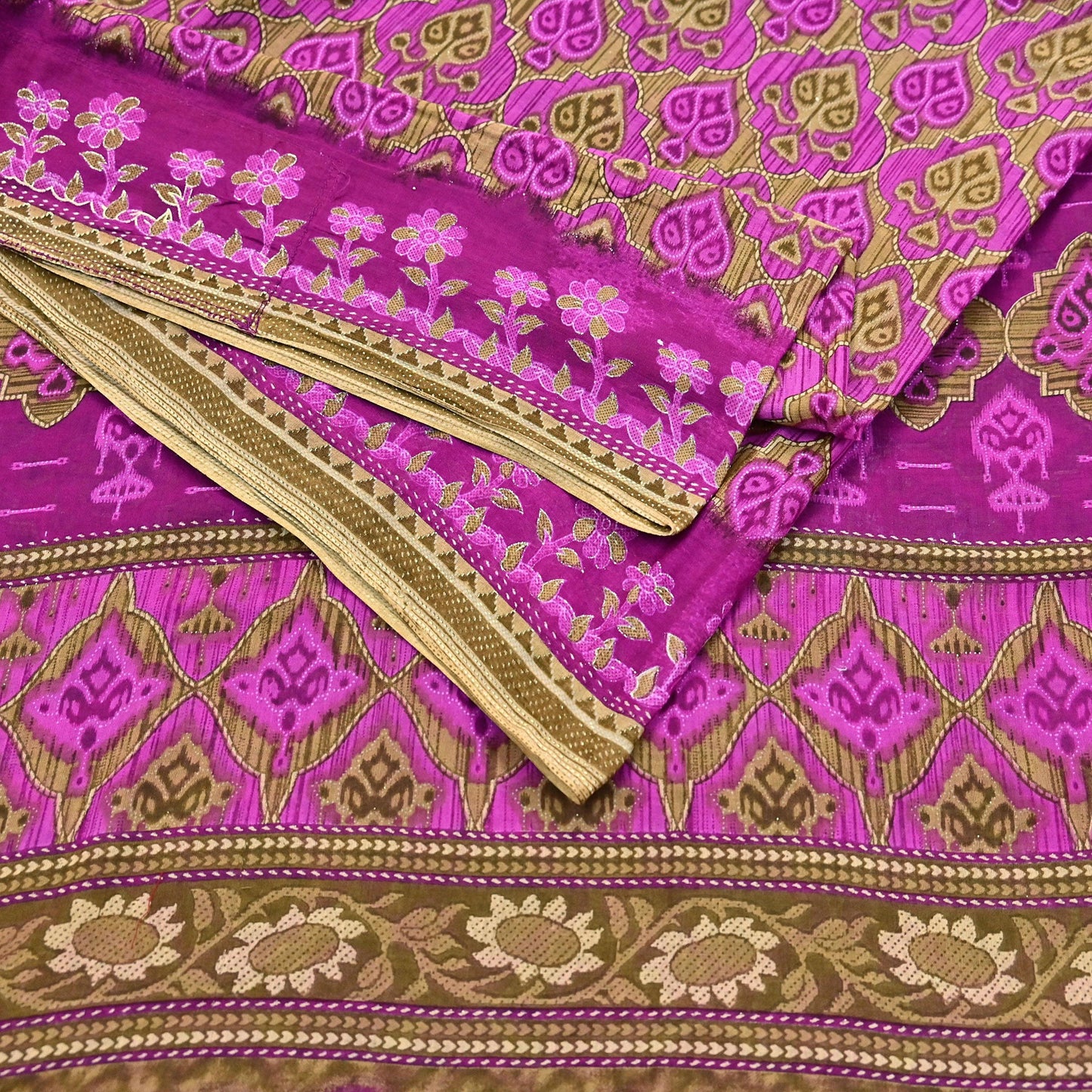 Indian Vintage Sari Green & Purple Pure Cotton Printed Sarees Craft Fabric Soft 5Yd Sarong Wrap Boho Fabric Kimono Quilting Crafting Upcycle