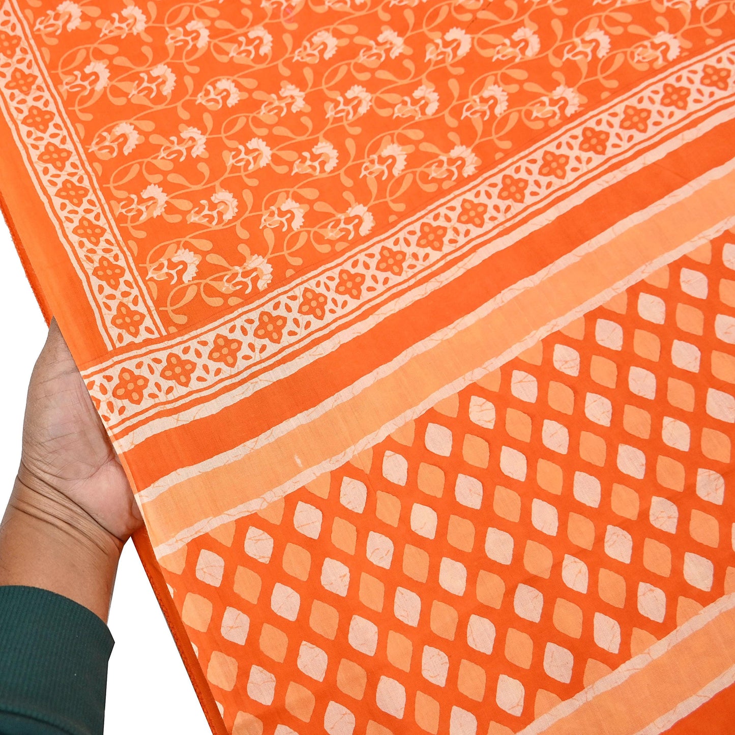 Indian Vintage Orange Sarees Pure Cotton Block Printed Sari 5yd Sewing Craft Fabric DressMaking Soft Crafting Quilting Upcycle