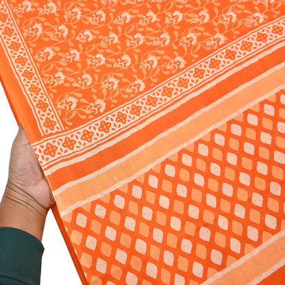 Indian Vintage Orange Sarees Pure Cotton Block Printed Sari 5yd Sewing Craft Fabric DressMaking Soft Crafting Quilting Upcycle
