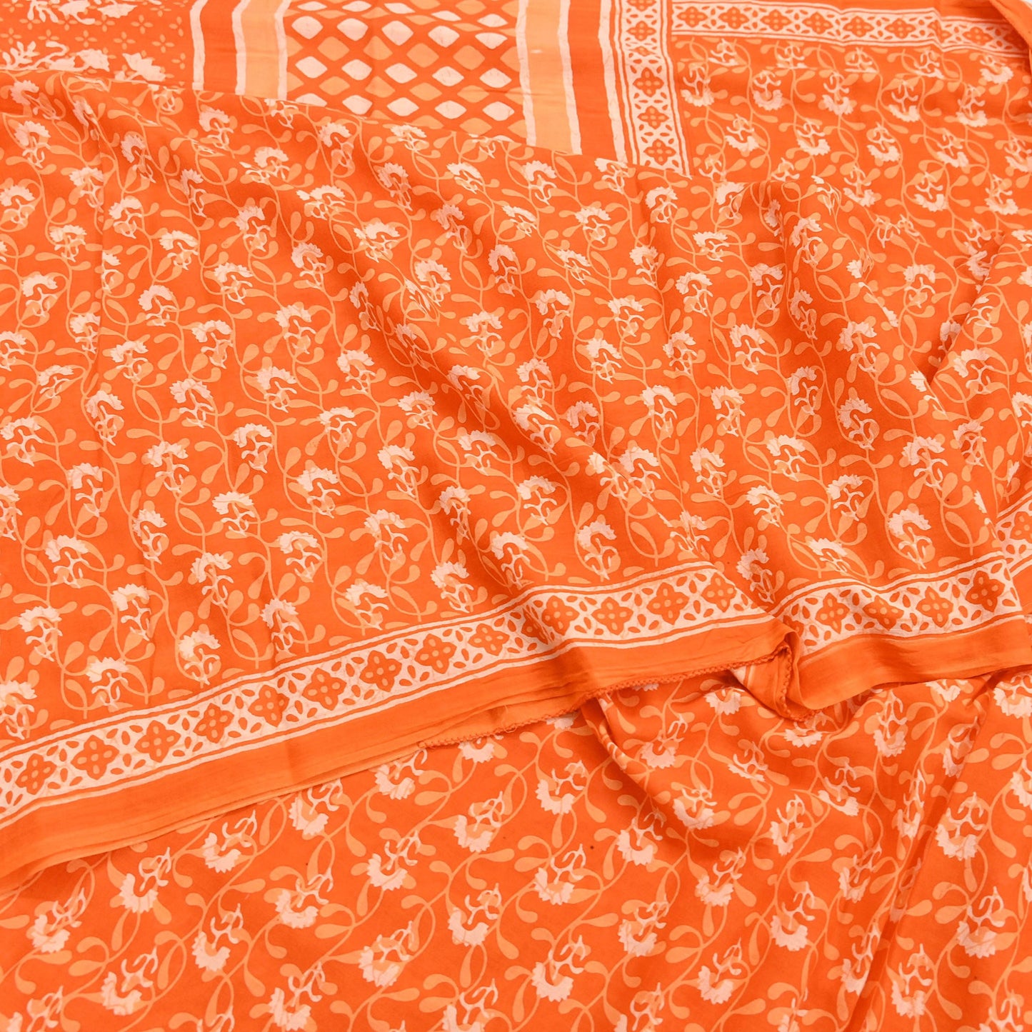 Indian Vintage Orange Sarees Pure Cotton Block Printed Sari 5yd Sewing Craft Fabric DressMaking Soft Crafting Quilting Upcycle