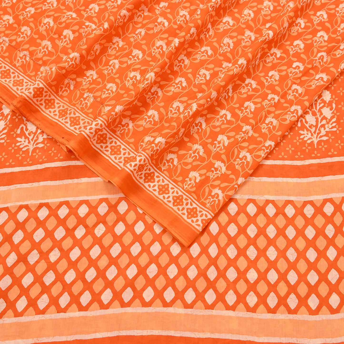 Indian Vintage Orange Sarees Pure Cotton Block Printed Sari 5yd Sewing Craft Fabric DressMaking Soft Crafting Quilting Upcycle