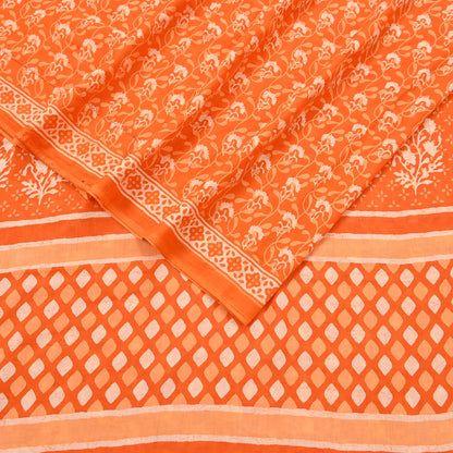 Indian Vintage Orange Sarees Pure Cotton Block Printed Sari 5yd Sewing Craft Fabric DressMaking Soft Crafting Quilting Upcycle