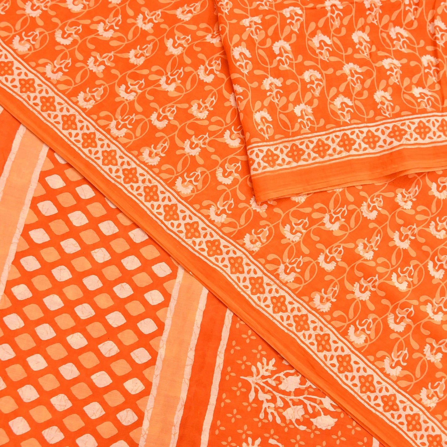 Indian Vintage Orange Sarees Pure Cotton Block Printed Sari 5yd Sewing Craft Fabric DressMaking Soft Crafting Quilting Upcycle
