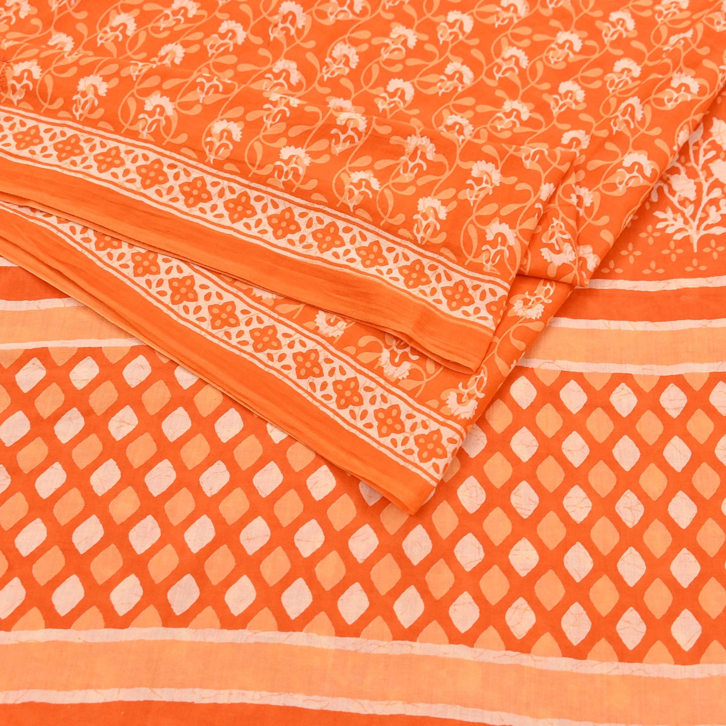 Indian Vintage Orange Sarees Pure Cotton Block Printed Sari 5yd Sewing Craft Fabric DressMaking Soft Crafting Quilting Upcycle