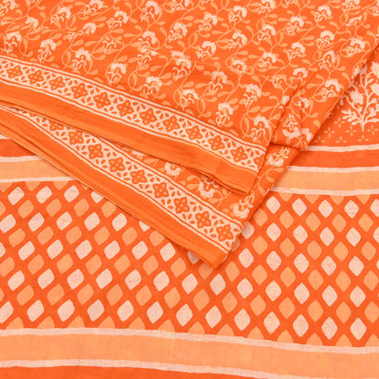 Indian Vintage Orange Sarees Pure Cotton Block Printed Sari 5yd Sewing Craft Fabric DressMaking Soft Crafting Quilting Upcycle
