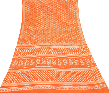 Indian Vintage Orange Sarees Pure Cotton Block Printed Sari 5yd Sewing Craft Fabric DressMaking Soft Crafting Quilting Upcycle