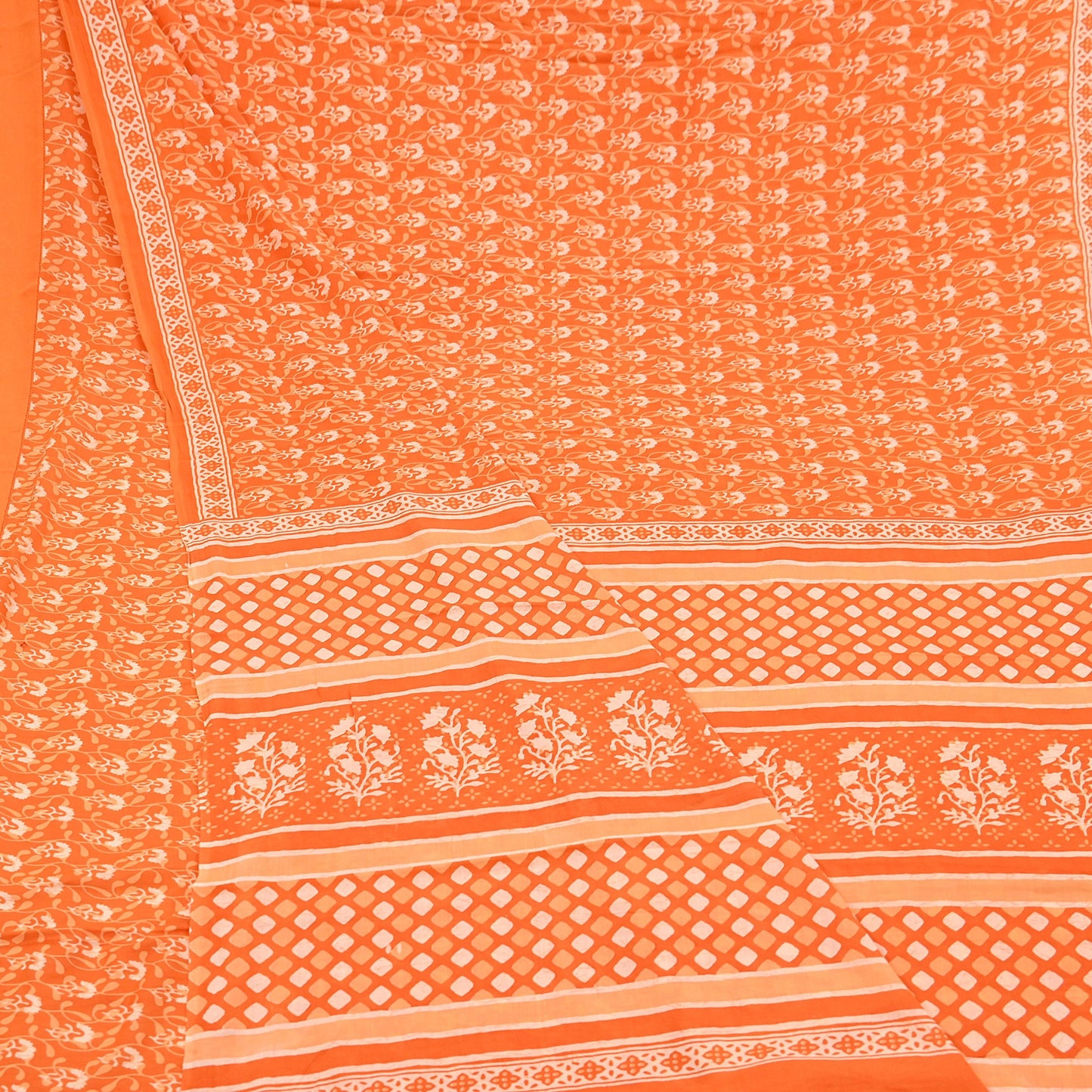 Indian Vintage Orange Sarees Pure Cotton Block Printed Sari 5yd Sewing Craft Fabric DressMaking Soft Crafting Quilting Upcycle