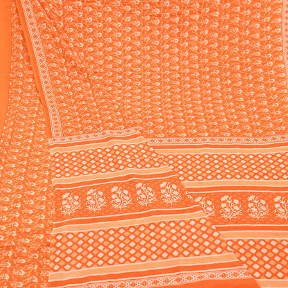 Indian Vintage Orange Sarees Pure Cotton Block Printed Sari 5yd Sewing Craft Fabric DressMaking Soft Crafting Quilting Upcycle
